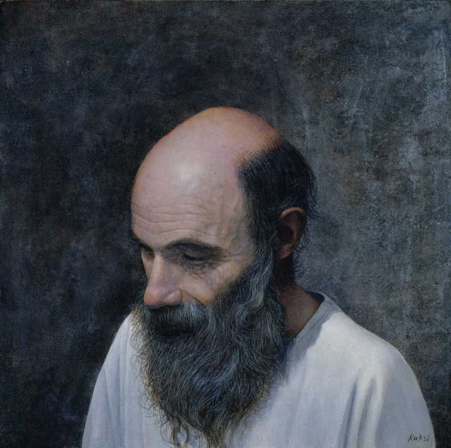 Acrylic painting portrait of a bald man with a long beard