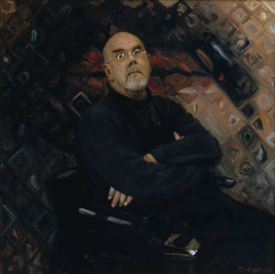 Oil painting of a man with his arms crossed standing against a dark background