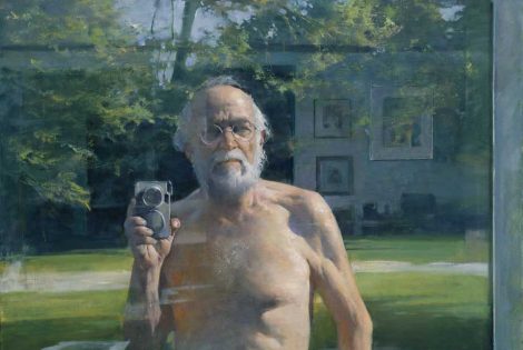 Oil painting portrait depicting an older man holding a paintbrush and camera with no shirt and jean shorts