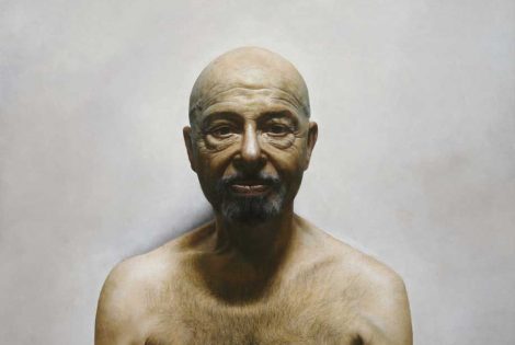 Oil painting portrait of an older shirtless man