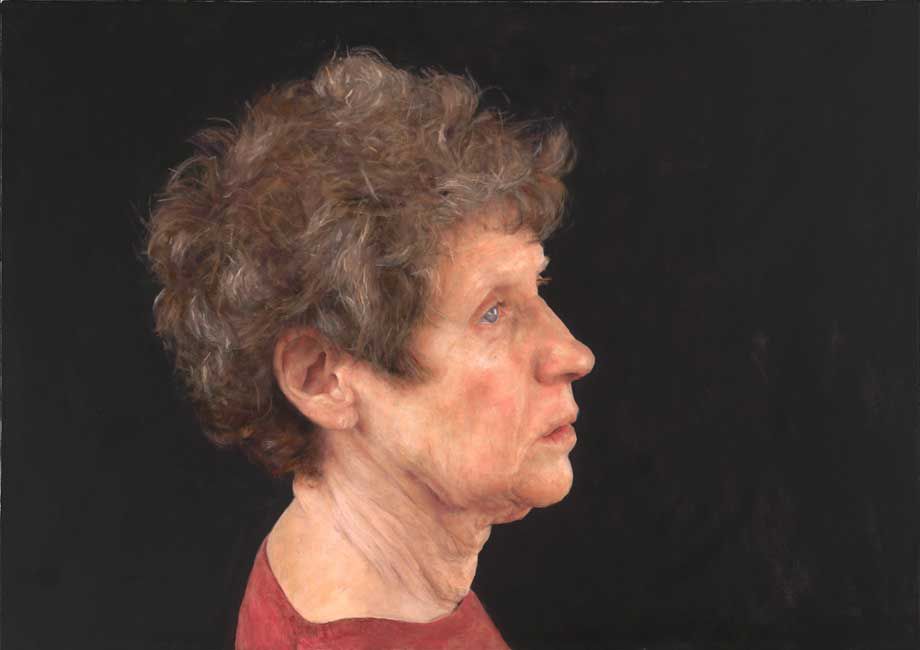 Oil painting portrait of an older woman's side profile against a black background