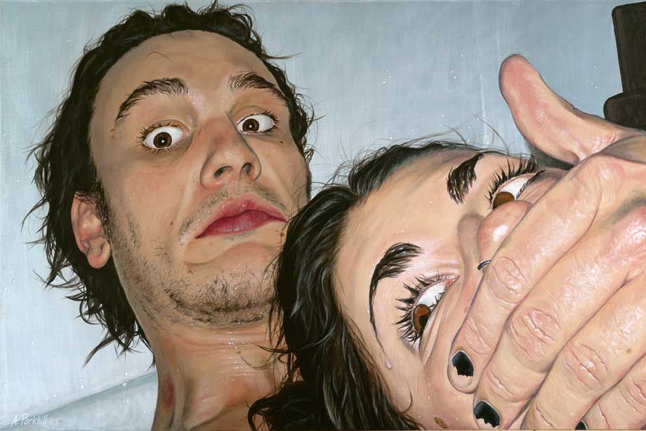 Acryllic painting of a man with his hand over a woman's mouth