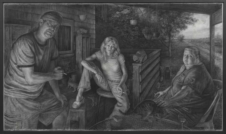 A charcoal drawing of three people sitting around a table of a patio, smoking cigarettes together.