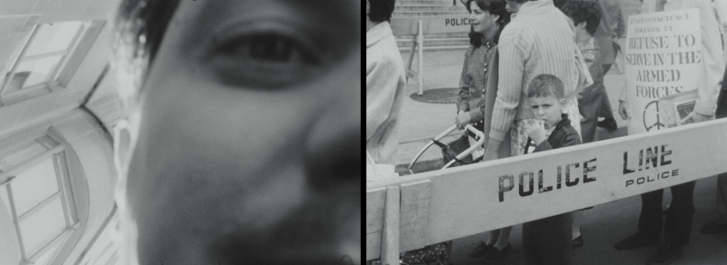 Photo of a closeup of a man's eye, next to a photo of people behind a police line