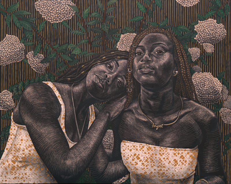 A woman leaning on another woman's shoulder