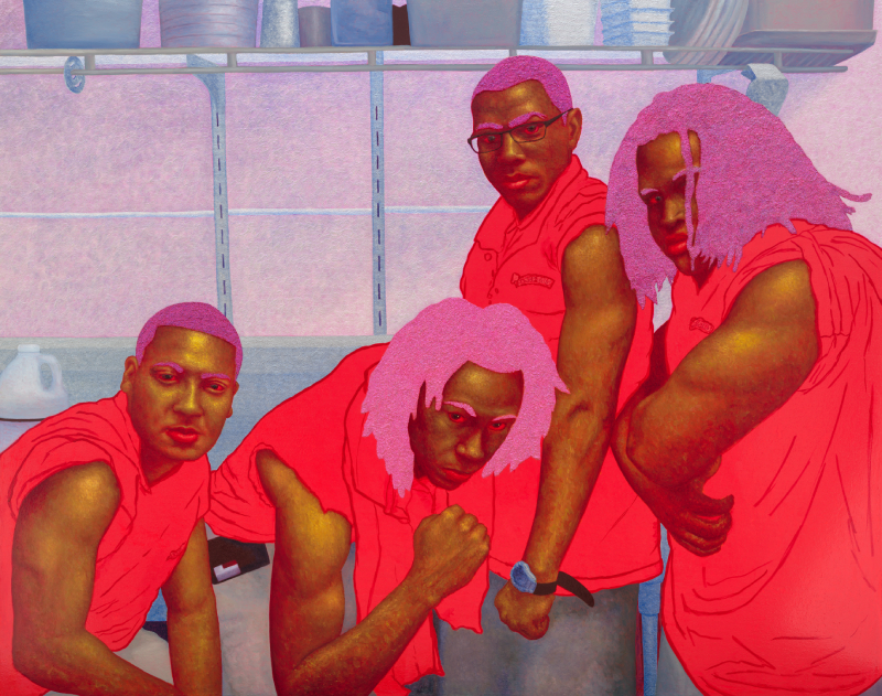 Four people with pink hair, red eyes, and red shirts, posing for a portrait
