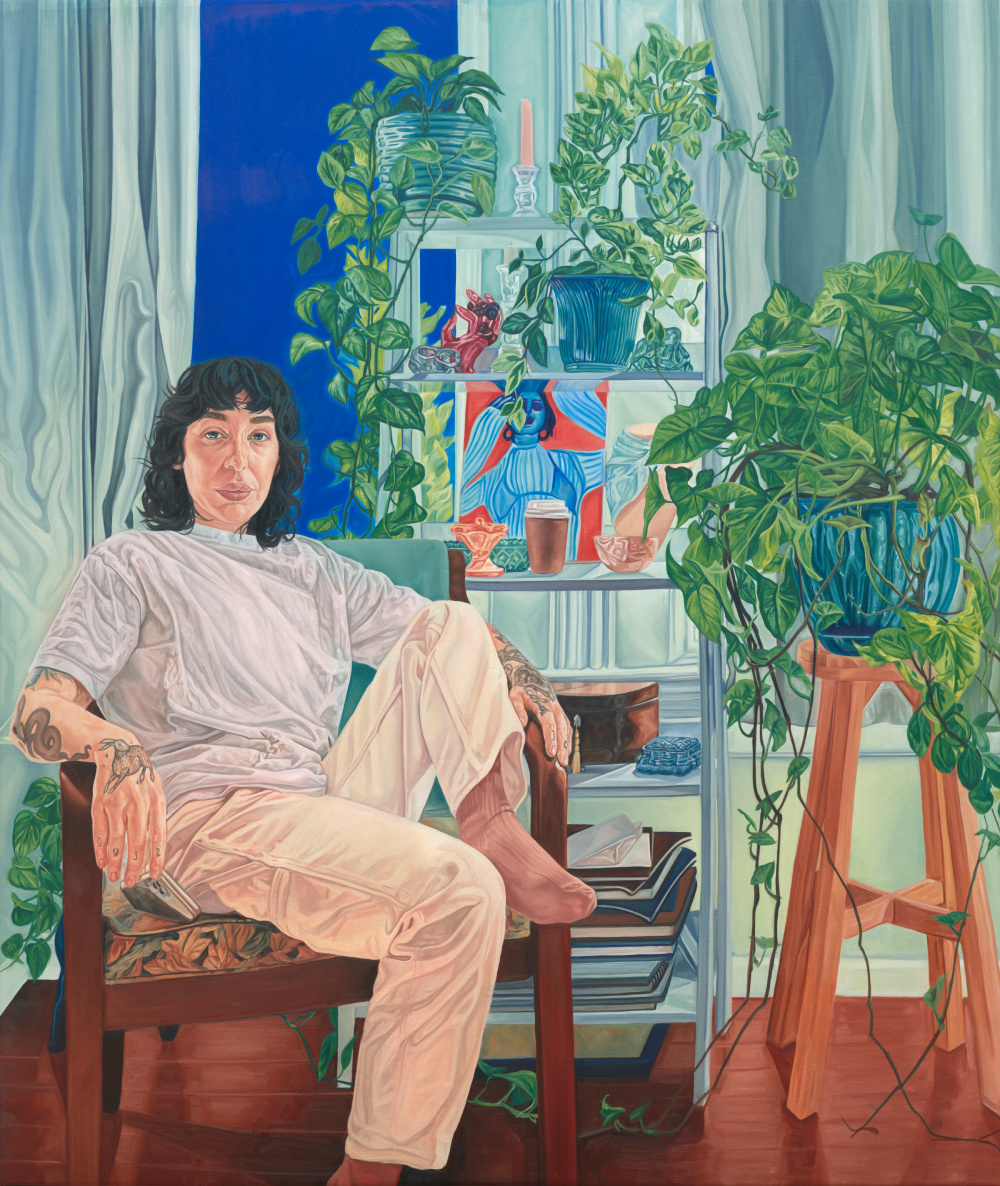 Oil painting of a woman sitting in a chair in a room with potted plants