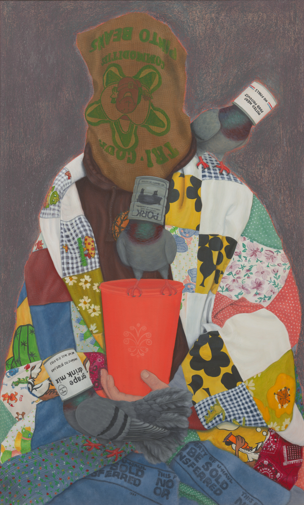 Portrait of a person with a bag on their head and pigeons sitting on them