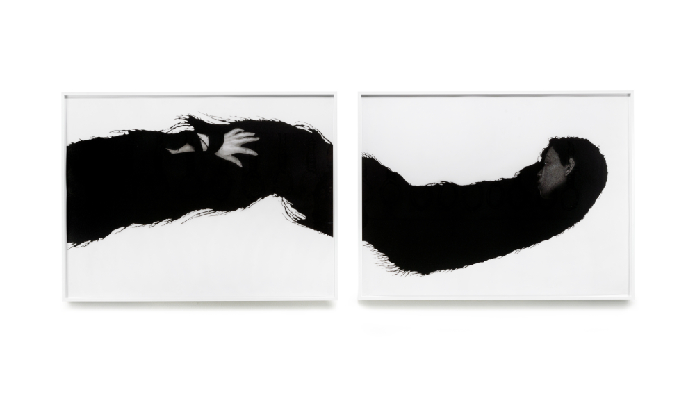 Abstract two frame portrait of a person with very long hair and a hand touching the hair